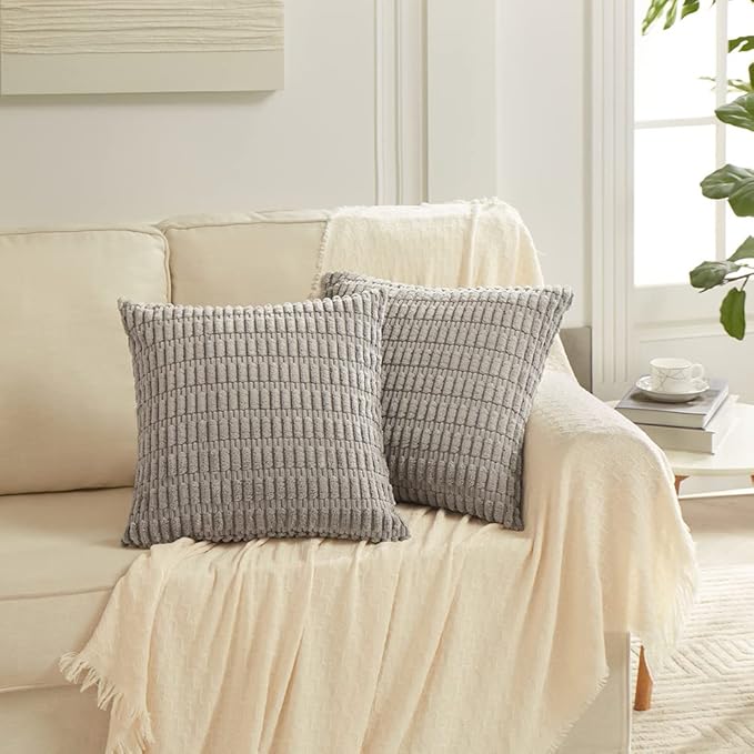 Fancy Homi 4 Packs Grey Decorative Throw Pillow Covers 24x24 Inch for Living Room Couch Bed, Rustic Modern Farmhouse Boho Home Decor, Soft Plush Corduroy Gray Cute Square Accent Cushion Case 60x60 cm