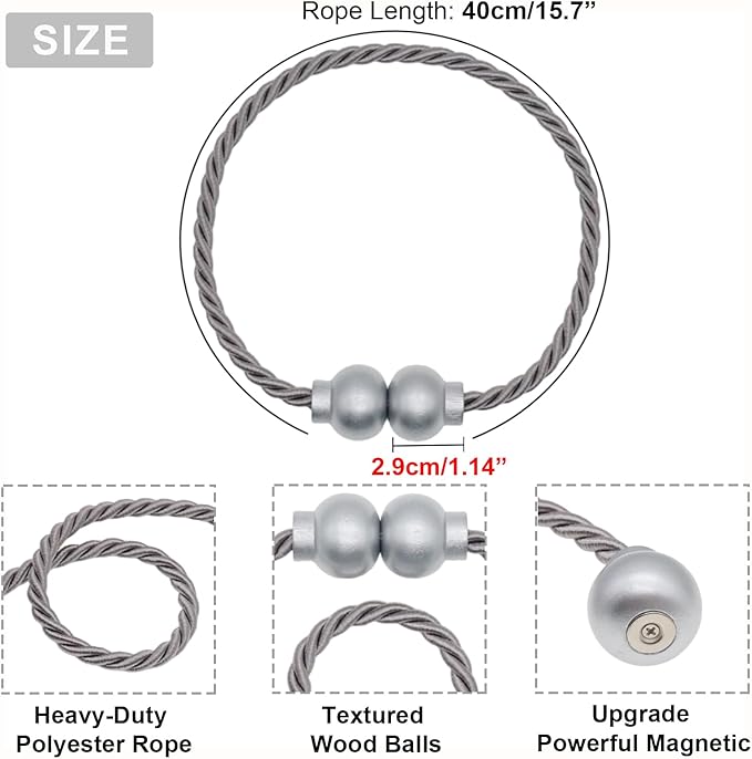 2 Pack Magnetic Curtain Tiebacks Modern Handmade Rope Curtain Tie Backs Decorative Drapes Weave Holdbacks for Home Outdoor Bedroom Office Decorative Curtain, Grey