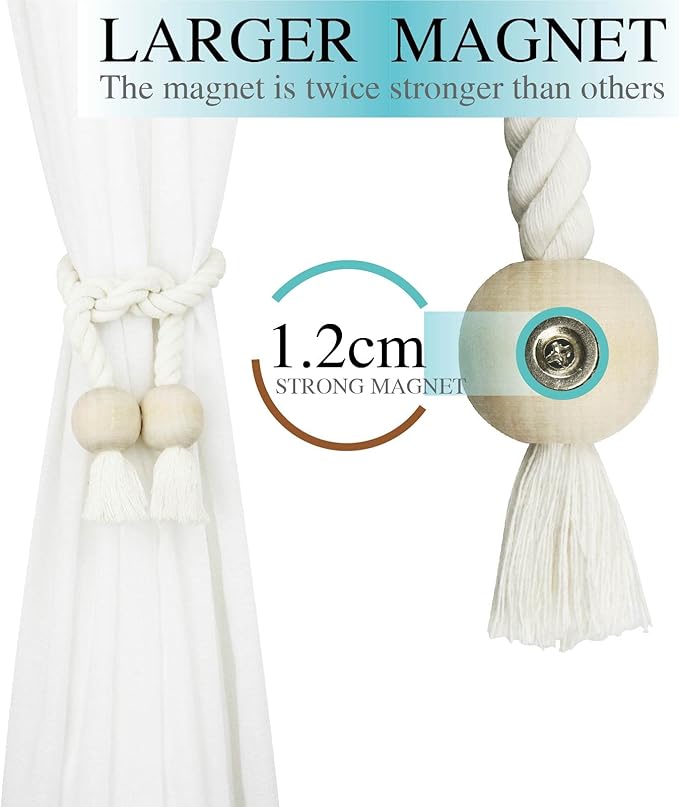 2 Pack Magnetic Curtain Tiebacks Cotton Hand Woven Tie Back Decorative Rope Holdbacks for Curtains Draperies No Tools Required, Cream