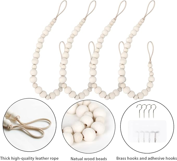 4 Pcs Wood Bead Curtain Tiebacks Curtain Ties Curtain Holdbacks Curtain Tie Back Window Treatment with Hooks for Home Wall Holiday Decoration (Wood Color, 4)