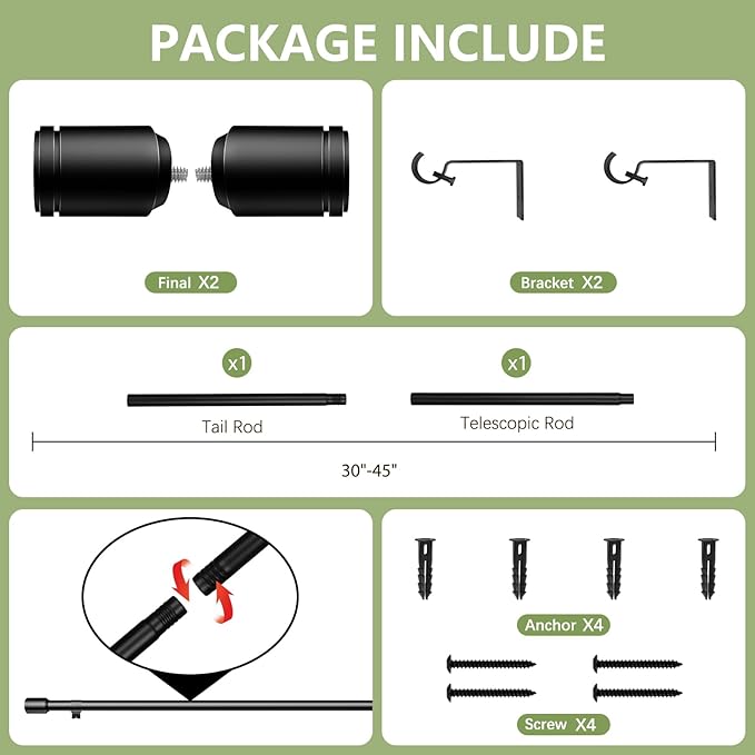5/8” Diameter Curtain Rods 30-45 Inch, for 30-39 Inch Windows, Adjustable Splicing Black Curtain Rods for Windows with Brackets, Window Rod Long Small Curtains Rod