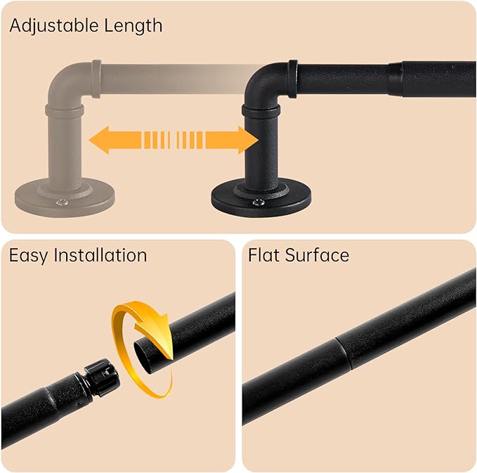 2 Pack Industrial Curtain Rods for Windows 28 to 48 Inches, Blackout Wrap Around Curtain Rod, for Indoor and Outdoor, 5/8 Inch Diameter, 33 to 45 Inches, Black