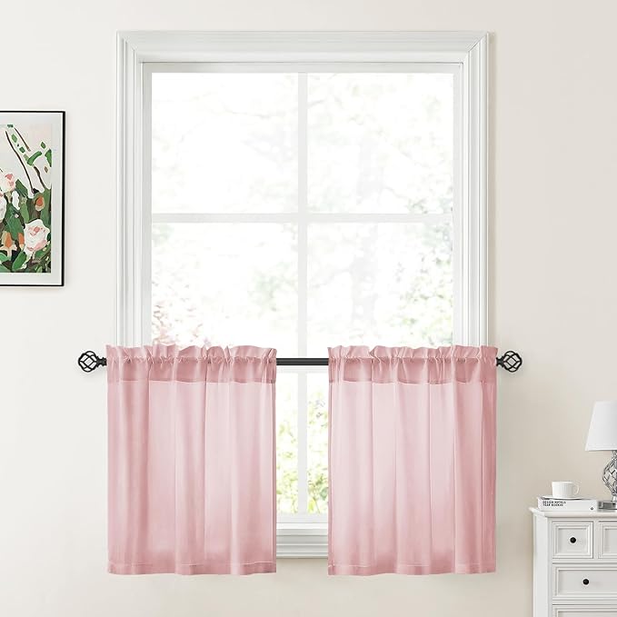 HOMEIDEAS Non-See-Through Light Pink Privacy Sheer Curtains, 30 X 24 Inches Long 2 Panels Sheer Curtains Light Filtering Window Drapes for Bedroom Living Room