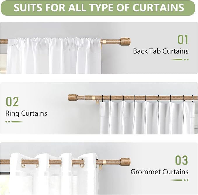 5/8” Diameter Curtain Rods 30-120 Inch, for 30-114 Inch Windows, Adjustable Splicing Wood Grain Curtain Rods for Windows with Brackets, Window Rod Long Small Curtains Rod, 2 Pack