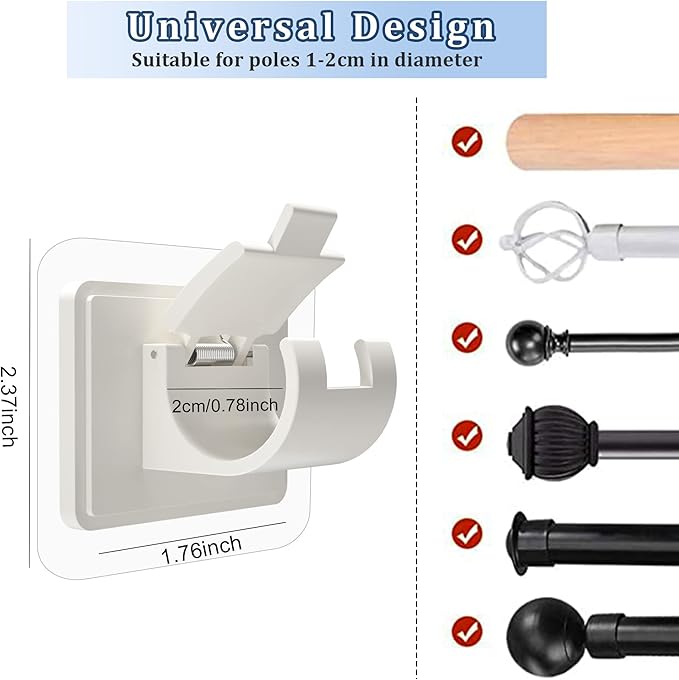 8PCS Self Adhesive Curtain Rod Holders No Drill Curtain Rods Brackets No Drilling Nail Free Adjustable Curtain Rod Hooks Curtain Hangers for Bathroom Kitchen Home Bathroom Hotel