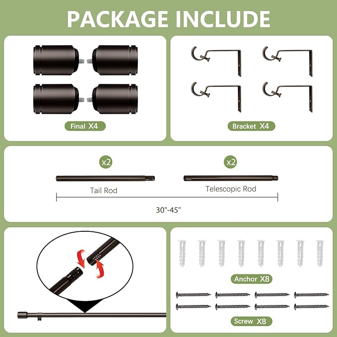 5/8” Diameter Curtain Rods 30-45 Inch, for 30-39 Inch Windows, Adjustable Splicing Bronze Curtain Rods for Windows with Brackets, Window Rod Long Small Curtains Rod, 2 Pack