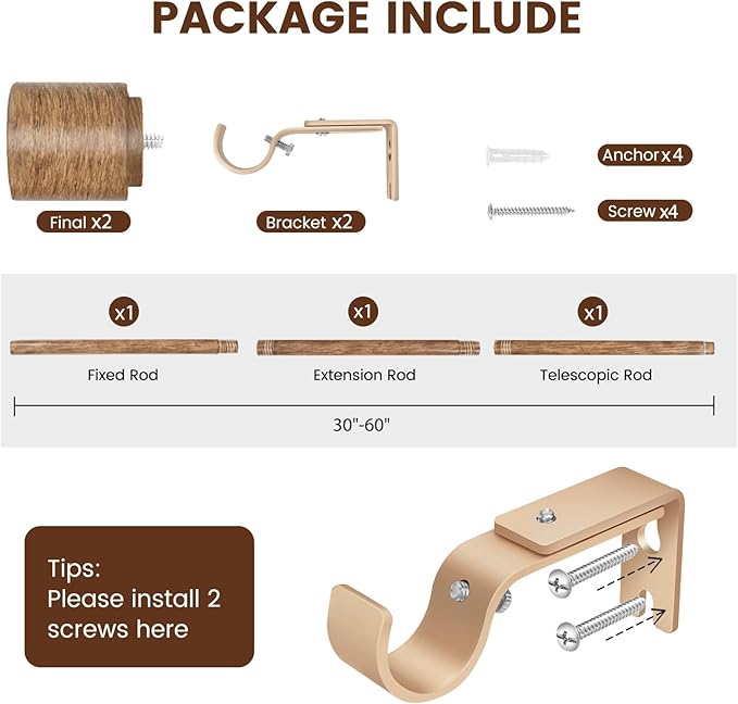 1” Diameter Curtain Rods Itself is 30 to 60 inch 1 Pack Fit 30-54 inch Window with Heavy Duty Adjustable Rod Matte Wood Grain Splicing Metal Extra Long Curtain Rod for Windows