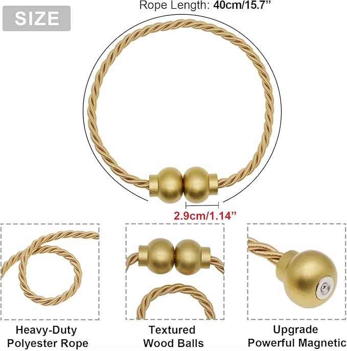 2 Pack Magnetic Curtain Tiebacks Modern Handmade Rope Curtain Tie Backs Decorative Drapes Weave Holdbacks for Home Outdoor Bedroom Office Decorative Curtain, Gold