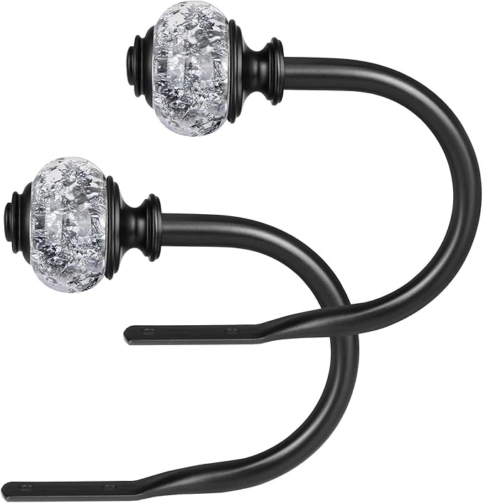 2 Pack Curtain Holdbacks, USFOOK Black Decorative Window Drapery Tiebacks (2 Pack/1 Pair), Curtain Tie Back Hooks for Wall with Translucent Finials (3.95" L x 3.4" W)