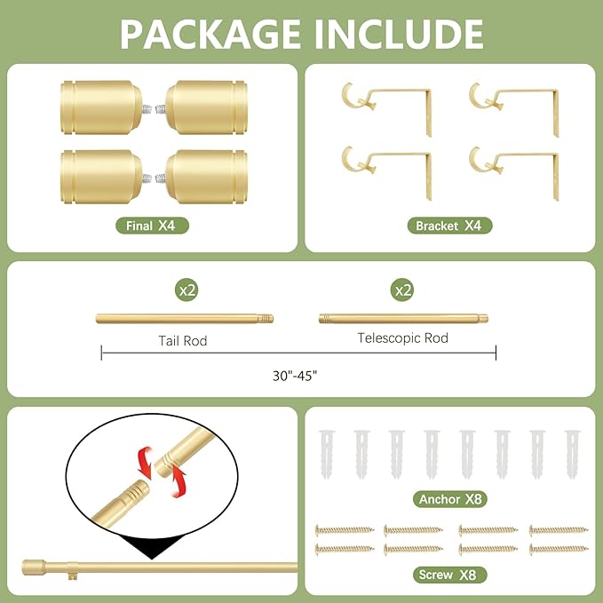 5/8” Diameter Curtain Rods 30-45 Inch, for 30-39 Inch Windows, Adjustable Splicing Gold Curtain Rods for Windows with Brackets, Window Rod Long Small Curtains Rod, 2 Pack