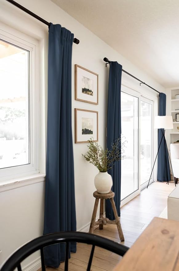 100% Blackout Shield Linen Blackout Curtains for Bedroom 96 Inches Long, Back Tab/Rod Pocket Living Room Drapes, Thermal Insulated Blackout Curtains 2 Panels Set, 50" W x 96" L, Navy