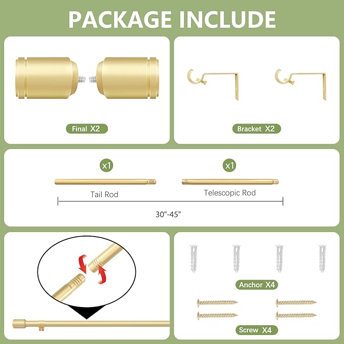 5/8” Diameter Curtain Rods 30-45 Inch, for 30-39 Inch Windows, Adjustable Splicing Gold Curtain Rods for Windows with Brackets, Window Rod Long Small Curtains Rod