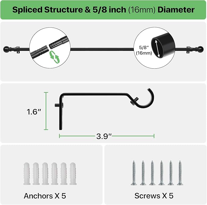 2 Pack 28-48 inch Black Metal Wall Mounted Curtain Rod Set with Brackets, 5/8" Adjustable Small Curtain Rods for Bedroom, Kitchen, Living Room, Grommet Curtains