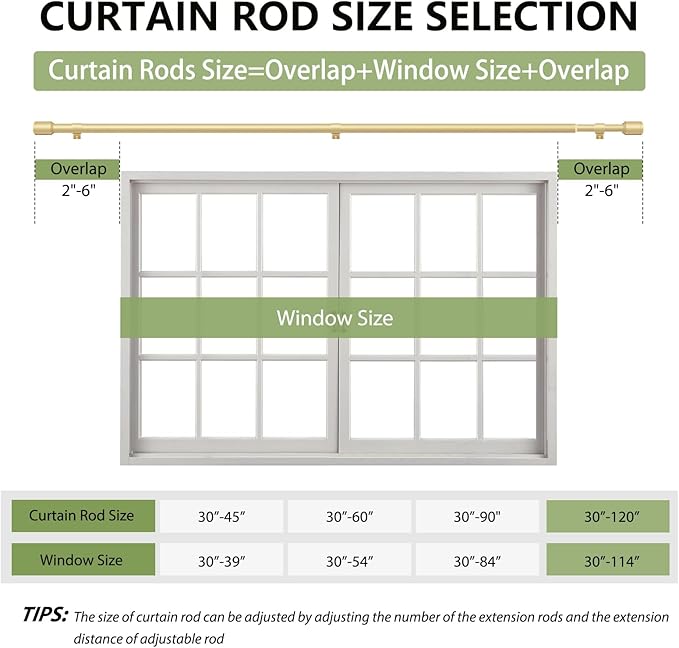 5/8” Diameter Curtain Rods 30-120 Inch, for 30-114 Inch Windows, Adjustable Splicing Gold Curtain Rods for Windows with Brackets, Window Rod Long Small Curtains Rod, 2 Pack