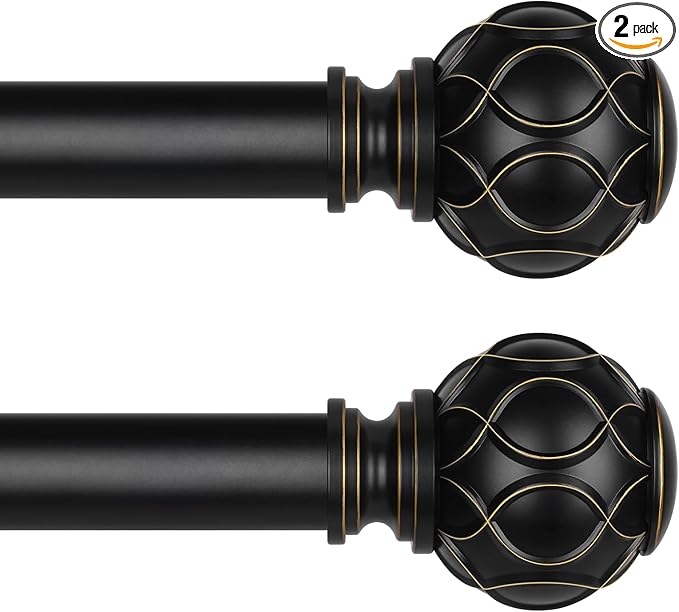 2 Pack Black Curtain Rod, Heavy Duty 1 Inch Decorative Curtain Rods for Windows 30 to 56 Inch, Single-Side Adjustable Vintage Rustic Matte Black Drapery Pole Set with Netted Texture Finials
