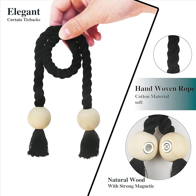 4 Pack Magnetic Curtain Tiebacks Cotton Hand Woven Tie Back Decorative Rope Holdbacks for Curtains Draperies No Tools Required, Black