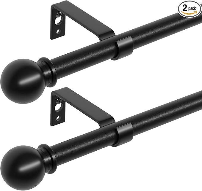2 Pack 28-48 inch Black Metal Wall Mounted Curtain Rod Set with Brackets, 5/8" Adjustable Small Curtain Rods for Bedroom, Kitchen, Living Room, Grommet Curtains