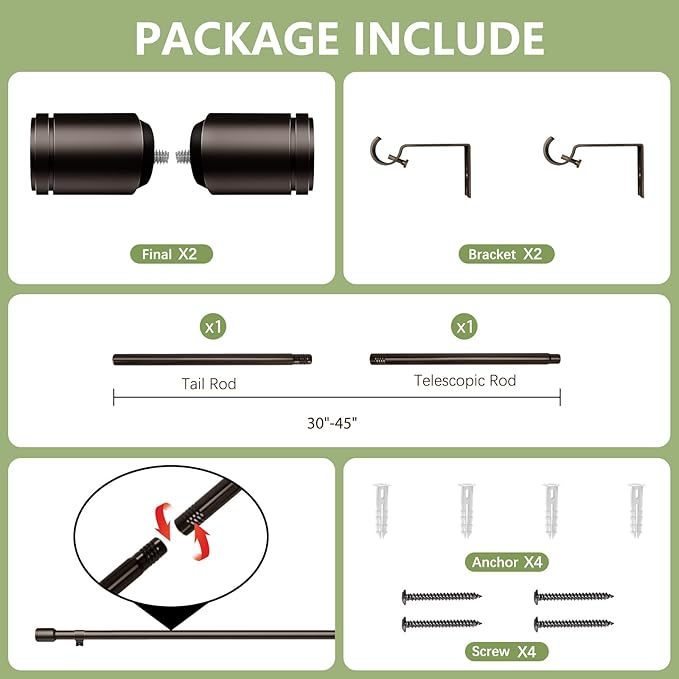 5/8” Diameter Curtain Rods 30-45 Inch, for 30-39 Inch Windows, Adjustable Splicing Bronze Curtain Rods for Windows with Brackets, Window Rod Long Small Curtains Rod
