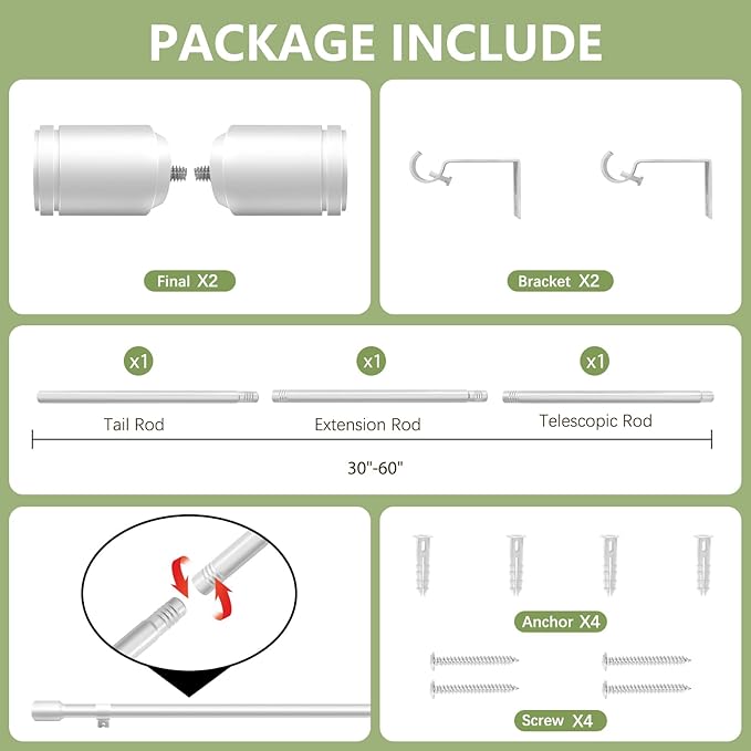 5/8” Diameter Curtain Rods 30-60 Inch, for 30-54 Inch Windows, Adjustable Splicing Silver Curtain Rods for Windows with Brackets, Window Rod Long Small Curtains Rod