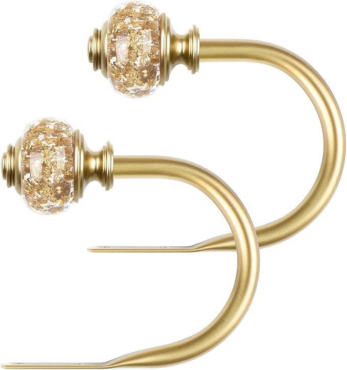 2 Pack Curtain Holdbacks, USFOOK Decorative Window Drapery Tiebacks (2 Pack/1 Pair), Curtain Tie Back Hooks for Wall with Gold Translucent Finials (3.95" L x 3.4" W)