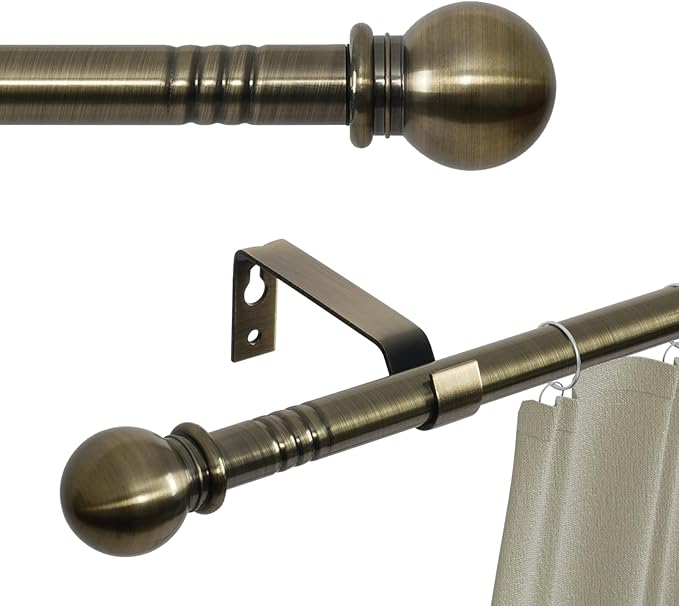 Antique Brass Curtain Rods for Windows 28 to 48 inch, 5/8 inch Small Curtain Rod Set with Brackets, Heavy Duty Drapery Rod for Bedroom, Living Room, Brushed Brass