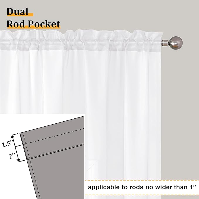 Aiyufeng 108 Inch White Sheer Window Curtains for Farmhouse, Rod Pocket Voile Window Treatment Vertical Panels for Study Room/Bedroom/Living Room, White, W40 x L108, 2 Panels