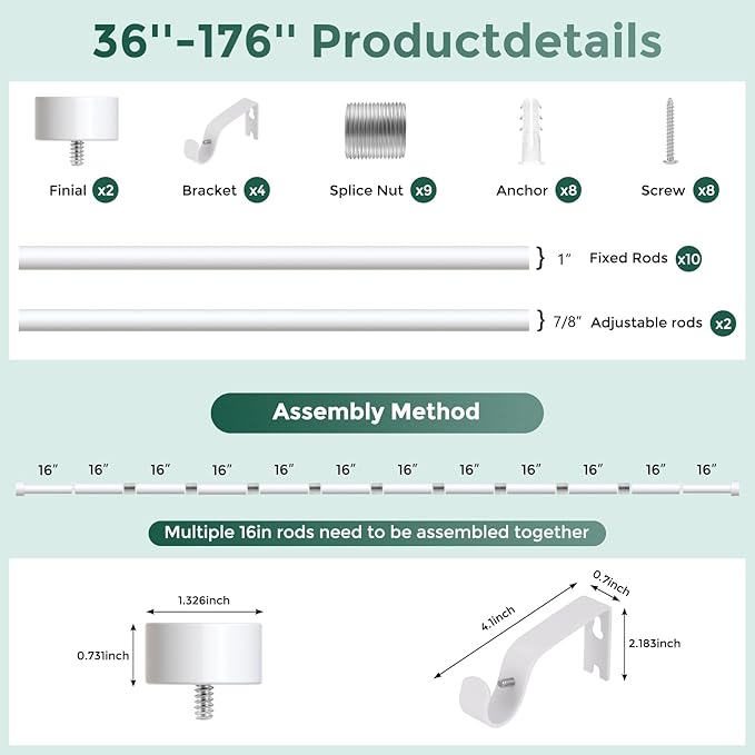 White Curtain Rods for Windows 36 to 176 Inch(3-14 Feet),1" Diameter Rods with Modern Style End Cap Finials,Size:36-176 Inch