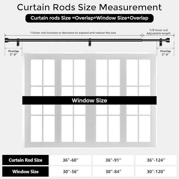 2 Pack Curtain Rods for Windows 48 to 84 Inch, Black Modern 1 Inch Window Treatment Rods with Black End Cap Finials, Decorative Adjustable Heavy Duty Easy Install Drapery Rods for Bedroom