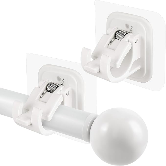 2PCS No Drill Curtain Rod Brackets No Drilling Self Adhesive Curtain Rod Holder Hooks Nail Free Adjustable Curtain Rod Hooks Curtain Hangers for Bathroom Kitchen Home Bathroom and Hotel (White)