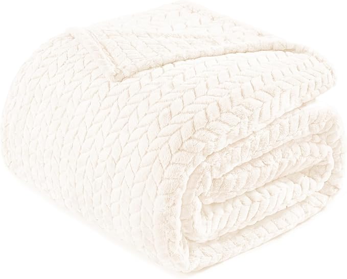 Exclusivo Mezcla Fleece Twin Size Blanket for Bed, 90x66 Inches Soft Cozy Jacquard Flannel Blankets, Lightweight Fuzzy Plush Warm for Women, Off White