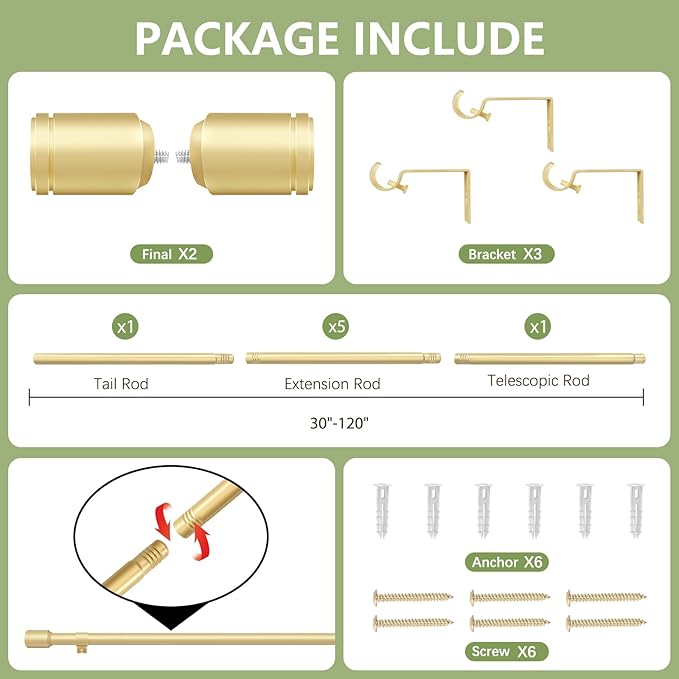 5/8” Diameter Curtain Rods 30-120 Inch, for 30-114 Inch Windows, Adjustable Splicing Gold Curtain Rods for Windows with Brackets, Window Rod Long Small Curtains Rod