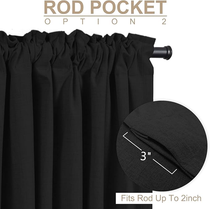 100% Blackout Shield Linen Blackout Curtains for Bedroom 90 Inches Long, Back Tab/Rod Pocket Living Room Drapes, Thermal Insulated Blackout Curtains 1 Panel Set, 100" W x 90" L, Black