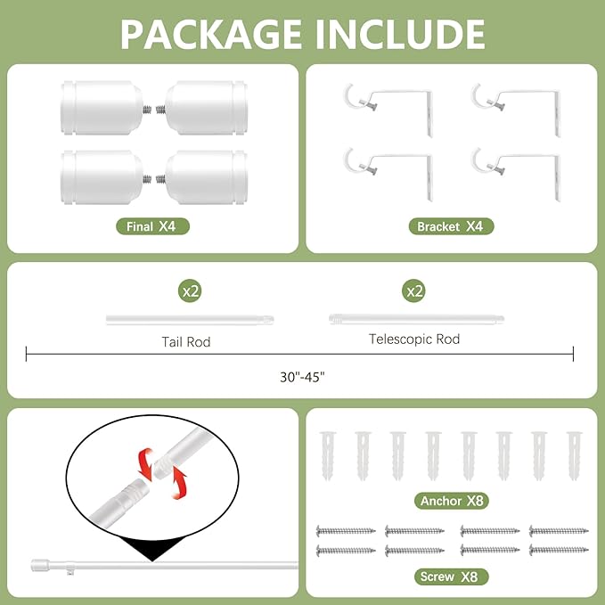 5/8” Diameter Curtain Rods 30-45 Inch, for 30-39 Inch Windows, Adjustable Splicing White Curtain Rods for Windows with Brackets, Window Rod Long Small Curtains Rod, 2 Pack