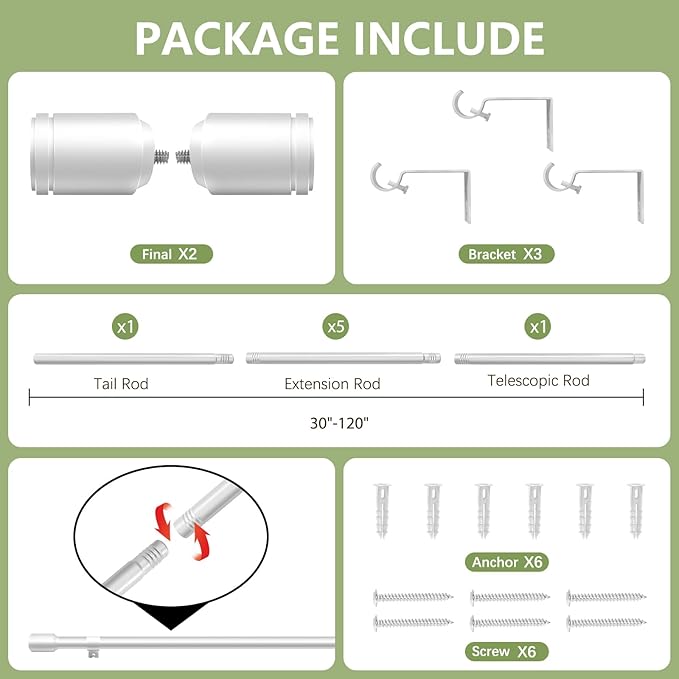 5/8” Diameter Curtain Rods 30-120 Inch, for 30-114 Inch Windows, Adjustable Splicing Silver Curtain Rods for Windows with Brackets, Window Rod Long Small Curtains Rod