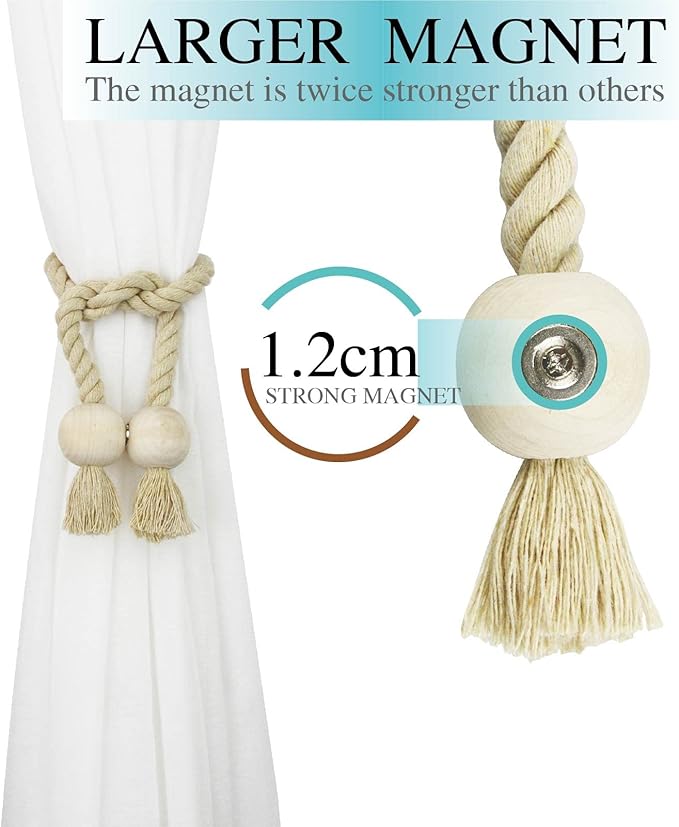 2 Pack Magnetic Curtain Tiebacks Cotton Hand Woven Tie Back Decorative Rope Holdbacks for Curtains Draperies No Tools Required, Dark Beige