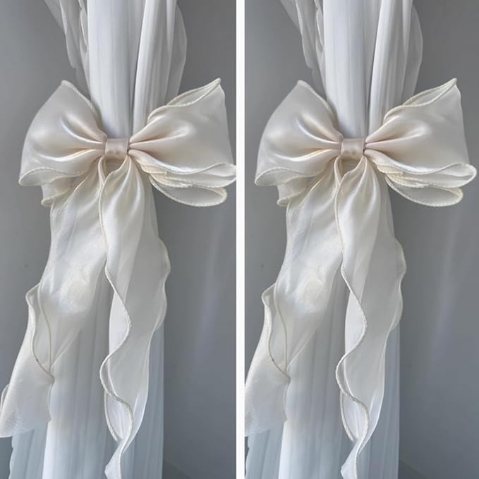 2 Pack French Silky Bow Curtain Tiebacks, Elegant Lace Ribbon for Curtains Decorative Rope Accessories Home Décor (Pink,2)