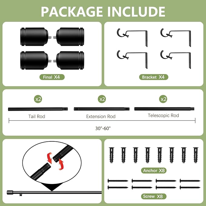 5/8” Diameter Curtain Rods 30-60 Inch, for 30-54 Inch Windows, Adjustable Splicing Black Curtain Rods for Windows with Brackets, Window Rod Long Small Curtains Rod, 2 Pack
