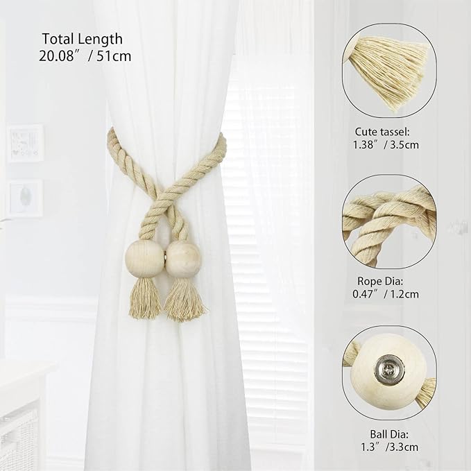 2 Pack Magnetic Curtain Tiebacks Cotton Hand Woven Tie Back Decorative Rope Holdbacks for Curtains Draperies No Tools Required, Dark Beige