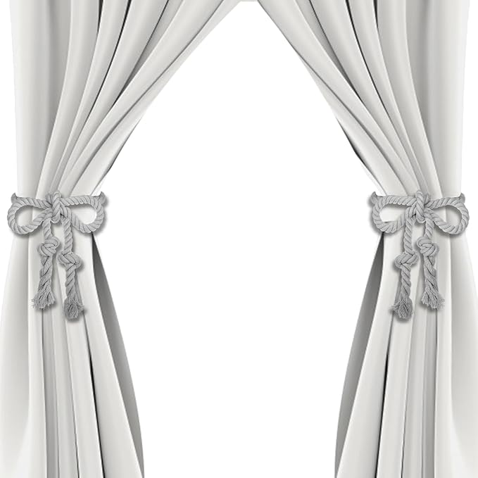 4 Pcs Hand Woven Curtain Tiebacks No Drilling - Boho Drape Holdbacks Rope for Black Blue Grey Light Color Curtains, Decorative Ties for Outdoor Yard Garden Farmhouse Drapery, Grey