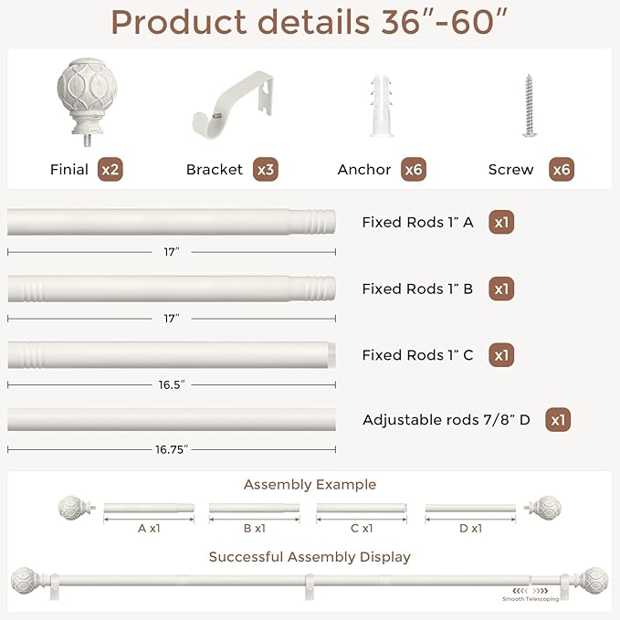 Antique White Curtain Rods for Windows 30 to 56 Inch, Adjustable Vintage Decorative 1 Inch Heavy Duty Curtain Rod, Rustic Farmhouse Drapery Pole Set with Boho Netted Texture Flower Finials