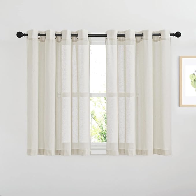 NICETOWN Semi Sheer Linen Curtains 54 inch Long for Bedroom, Decorative Flax Linen Blend Drapes Privacy with Light Filtering for Kitchen/Cafe/Bathroom, Natural, W52 x L54, 2 Panels