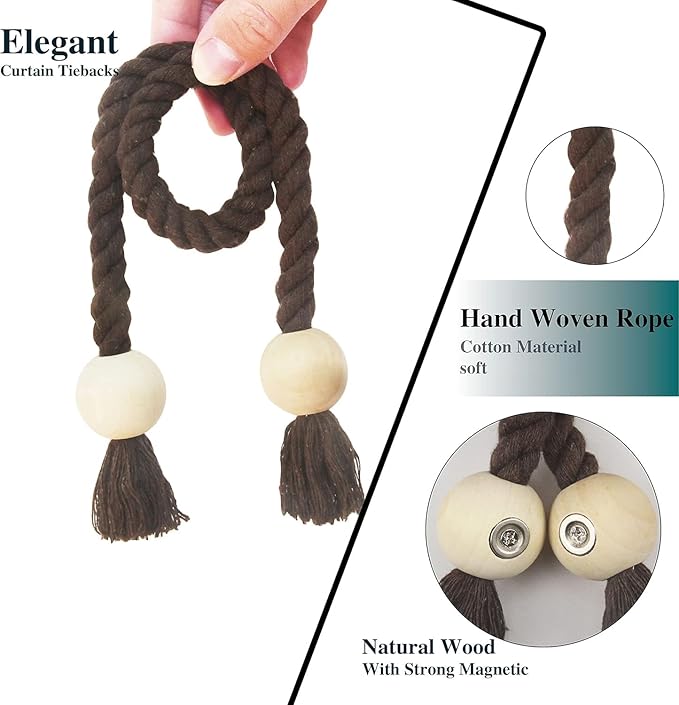 2 Pack Magnetic Curtain Tiebacks Cotton Hand Woven Tie Back Decorative Rope Holdbacks for Curtains Draperies No Tools Required, Coffee