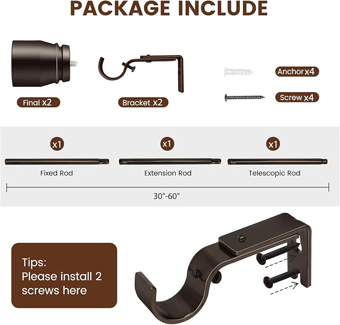 1” Diameter brown curtain rod Itself is 30 to 60 inch. 1 Pack Fits 30-54 inch Windows with Heavy Duty Adjustable brown curtain rods Splicing Metal Extra Long Curtain Rod