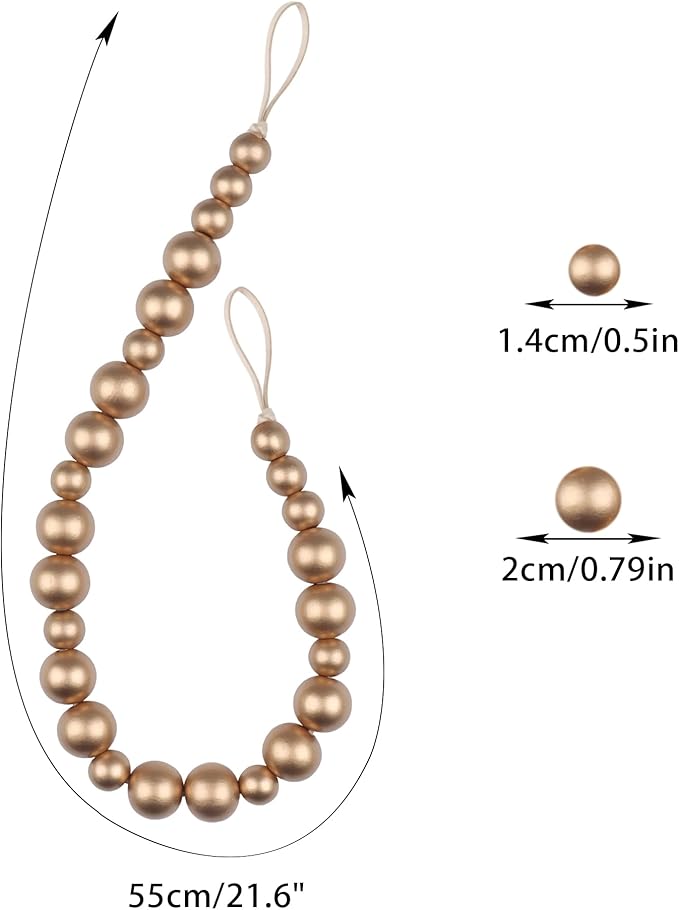 2 Pieces Wood Bead Curtain Tieback Boho Curtain Tiebacks Curtain Holdbacks for Wall Curtain Ties Window Treatment Curtain Tie Backs with Hooks Curtain Pull Backs (Gold,2)