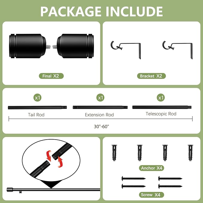 5/8” Diameter Curtain Rods 30-60 Inch, for 30-54 Inch Windows, Adjustable Splicing Black Curtain Rods for Windows with Brackets, Window Rod Long Small Curtains Rod