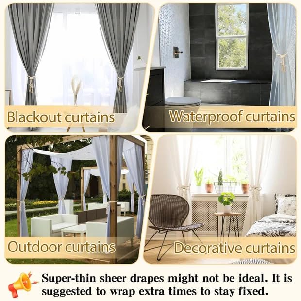 8 Pcs Hand Woven Curtain Tiebacks No Drilling - Boho Drape Holdbacks Rope for Black Blue Light Color Curtains, Decorative Ties for Outdoor Yard Garden Farmhouse Drapery, Beige