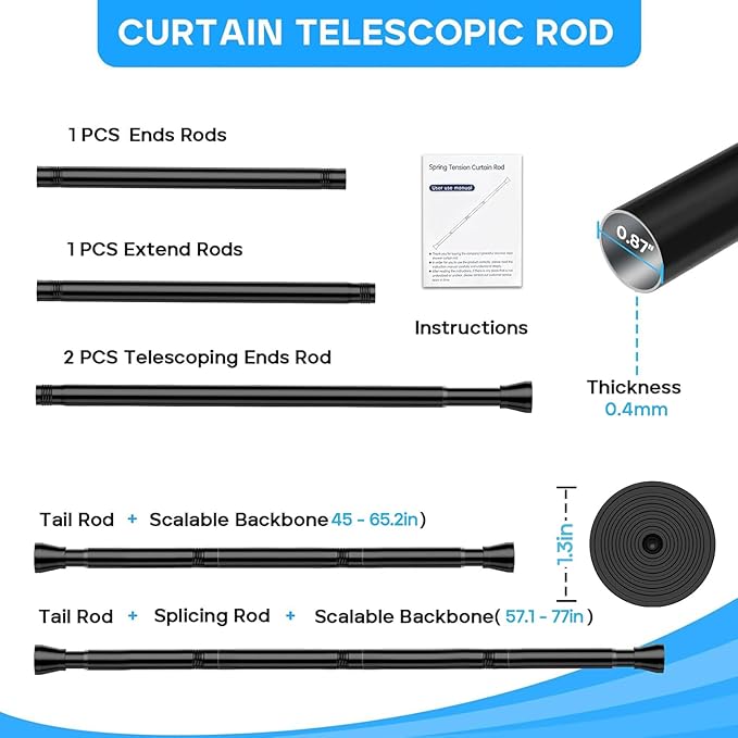 AIZESI Spring Tension Rods Adjustable Tension Curtain Rod Small Tension Rod No Drilling Expandable Spring Loaded Curtain Tension Rod?Black,45" to 77"-1Pcs)