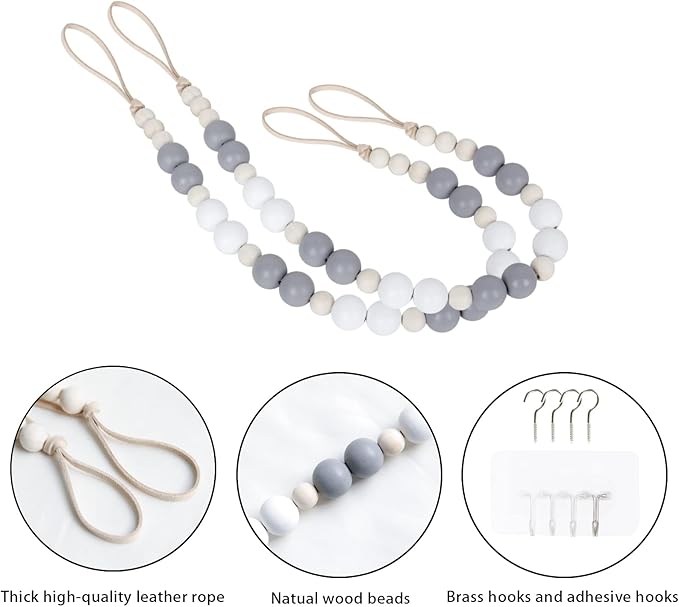 2 Pieces Wood Bead Curtain Tieback Boho Curtain Tiebacks Curtain Holdbacks for Wall Curtain Ties Window Treatment Curtain Tie Backs with Hooks for Nursery Decor Boho Decor(White, Grey, Wood Color, 2)
