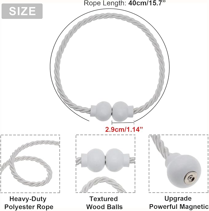4 Pack Magnetic Curtain Tiebacks Modern Handmade Rope Curtain Tie Backs Decorative Drapes Weave Holdbacks for Home Outdoor Bedroom Office Decorative Curtain, White