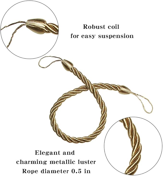 BEL AVENIR Curtain Rope Tiebacks, Drapery Rope Holdbacks with 4 Metal Screw Hooks, 2 Pair - Golden